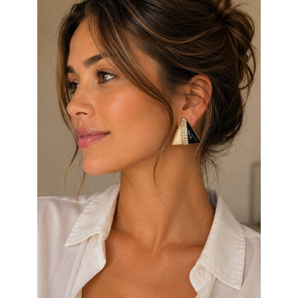 Vintage Black White Geometric Clip On Earrings‎ Rhinestone Gold Tone Statement